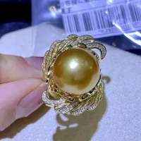 Gorgeous HUGE AAAA ++++10-11mm 11-12MM 12-13MM 13-14MM ROUND Gold Pearl Ring S925 Sterling Silver Seawater Nanyang