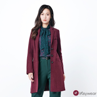 KeyWear奇威名品    開襟三釦西裝長版大衣-暗紅色