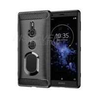 Capa For Sony Xperia XZ2 Brushed Carbon Fiber Soft Silicone Case For Sony Xperia XZ2 Compact Magnetic Ring Stand Cover