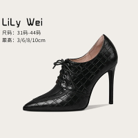 Lily Wei黑色深口鞋細跟尖頭高跟鞋子時尚性感女士小碼女鞋313233