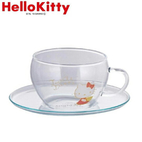 小禮堂 Hello Kitty 日製 玻璃 杯盤組 咖啡杯盤 茶杯 點心盤 YAMAKA陶瓷 (透明 側坐)