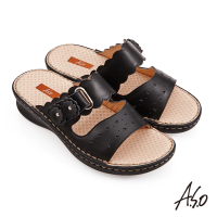 【A.S.O 阿瘦集團】機能休閒 手縫氣墊花朵黏帶牛皮拖鞋(黑色)