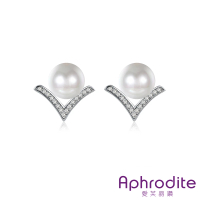 【Aphrodite 愛芙晶鑽】V型美鑽線條造型珍珠耳環(白金色)