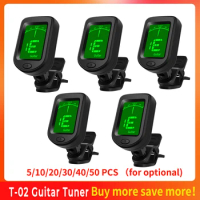 T-02 Guitar Tuner Clip-on Chromatic Digital Tuner LCD Display Mini Size Tuner for Acoustic Guitar Ukulele Violin Tuner Accessory