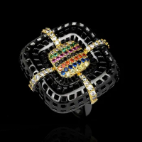 925 Silver Women's Ring Exquisite Black Gold Flower Ring Inlaid Colorful Zircon Geometric Couple Ring Black Gold Jewelry