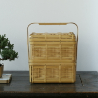 手工竹編食盒提籃 竹制品提籃果籃 收納盒雙層家用茶室 可拎藍子