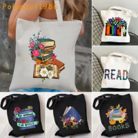 Flowery Books Floral Watercolor Stacked Banned Books Reading Book Lover Gifts Bookish Canvas Tote Bag Cotton Eco Shopper Handbag