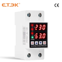 ETEK Din Rail Dual Display Adjustabld Over Under Voltage and Over Current Protector Relay Device 40A 63A 220V 230V EKVAP