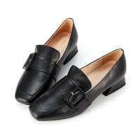 【HERLS】樂福鞋-全真皮復古方釦方頭低跟樂福鞋(黑色)