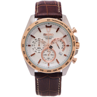 【SEIKO 精工】疾風競速風格的計時皮革錶帶手錶-白面X咖啡色/44mm(SSB306P1)