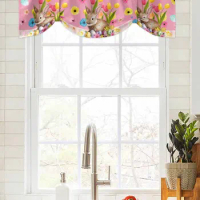 Easter Bunny Floral Plaid Window Curtain Living Room Kitchen Cabinet Tie-up Valance Curtain Rod Pocket Valance