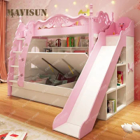 Bunk Bed Girl Princess Castle High Low Pink Versatile Stair Storage Space Cartoon Bedroom Furniture Wooden Children's Kids Bed