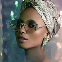 new Metal diamond round half frame cut edge sunglasses women men 2023 wholesale fashion Rhinestone rave party glasses uv400
