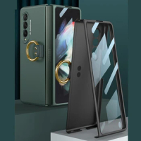New Z Fold 3 Funda Case for Samsung Galaxy Z Fold 3 Ring Case Tempered Glass Screen Protector Film 2 in 1 Coque Phone Case Cover