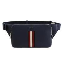 【BALLY】經典LOGO條紋牛皮三用後背包腰包斜背包(深藍)