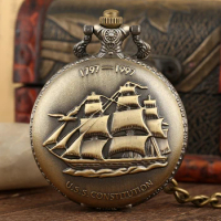 Steampunk U.S.S Constitution 1797-1997 Quartz Pocket Watch Sailing Canvas Boat Necklace Pendant Bronze Pocket Timepiece Gift