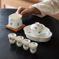 純手繪蝴蝶蘭花功夫茶具套裝家用日式輕奢蓋碗茶杯泡茶小套組托盤