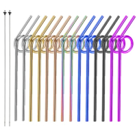 Metal Reusable 304 Stainless Steel Straws Straight Bent Drinking Straw With Case Cleaning Brush Set Party Bar 6-Shaped Straw Set