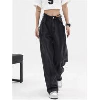 Women Baggy Long Jeans Harajuku Black Wide Leg Trousers Streetwear Vintage High Waist Denim Pants Big Pocket Y2k Feamle
