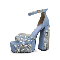 High Platform Women Denim Sandals Bling Diamonds Tassels Chunky Heels Shoes Big Size 48 Wide Fit Fringe Summer Pumps