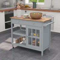 Kitchen Islands Gray Portable Kitchen Cart Wood Top Kitchen Trolley With Drawers and Glass Door Cabinet Towel Rack Free Shipping