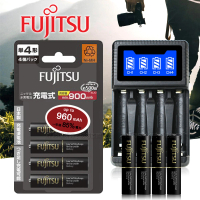 【FUJITSU 富士通】低自放電4號900mAh4號4入+四槽USB充電器+送電池盒(充電電池組)