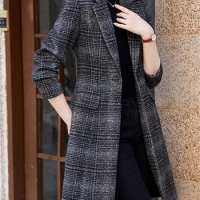 Yitimuceng Long Blazer Jacket for Women Autumn Winter 2203 New Korean Fashion Long Sleeve Office Ladies Chic Casual Plaid Coats