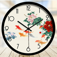 中式吉祥富貴工筆畫九魚石英鐘古典掛鐘牡丹鯉魚靜音鐘錶82  交換禮物全館免運