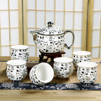 復古  鍍金陶瓷茶具套裝家用整套功夫茶杯茶壺青花瓷牡丹花雙層杯