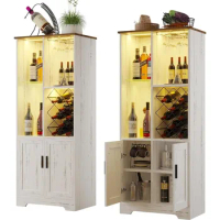Wine Cabinet, Wine Bar Cabinet with LED Lights, Liquor Cabinet with Glass Holder Wine Rack, Farmhouse Modern Liquor Cabinet