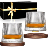 2-Piece Whiskey Glass Set Rotatable Crystal Glasses with 2 Creative Walnut Coasters and Gift Box - S