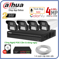 Bộ Camera giám sát IP 4.0MP 2K-UHD, Chạy phần mềm Dahua, Có màu Mic, Kèm Đầy đủ phụ kiện, Hỗ trợ POE