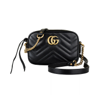【GUCCI 古馳】GUCCI Marmont復古金屬雙G LOGO GG車線W字紋設計牛皮拉鍊斜背包(小/黑)