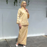 Turkey Ramadan Muslim Set Women Fashion Satin Long Sleeve Tops Skirts Blouse Embroidery Baju Kurung Vintage Casual Elegant Suit