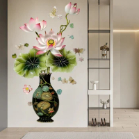 1pc Retro Large Vase Wall Sticker with Chinese Style Elegant Lotus Black Large Vase Sticker To Decorate The Living Room