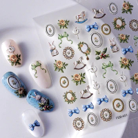 Retro 5D Nail Art Stickers Embossed Bow Flowers Frame Charms Decals For Nails Decoration Manicure Supplies Materials New Arrival