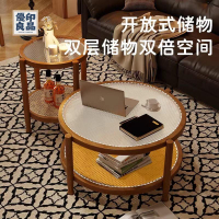 工廠現貨 茶几 邊桌 茶幾桌 沙發邊幾 復古長虹玻璃圓形小茶幾實木藤編圓幾小戶型套幾雙層儲物矮桌中古工廠直銷 可開發票 全館折扣 售後保障y554