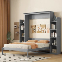 Queen Size Murphy Bed Wall Bed with Shelves and LED Lights,Gray