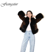 Ftangaiur Winter Coat For Women Import Velvet Mink Fur Coat Women's With Fox Fur Collar Leopard Long Sleeve Real Mink Fur Coats