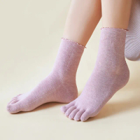 【NicoFun 愛定做】2雙 捲捲花邊五趾中筒襪 分趾襪 泡泡襪 羅紋襪 針織襪 五指襪(女襪22-24.5cm)