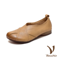 【Vecchio】真皮跟鞋 低跟跟鞋/全真皮頭層牛皮舒適圓頭復古交叉設計低跟鞋(黃)
