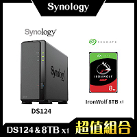 Synology DS124 1Bay NAS 網路儲存伺服器＋希捷 Seagate 8TB NAS專用硬碟