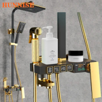 Hot Cold Digital Shower Set Quality Brass Thermostatic Bathroom Shower System Faucets Rainfall Shower Head Black Gold Shower Set