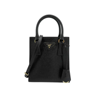 【PRADA 普拉達】品牌金三角浮雕logo防刮牛皮直式兩用包(1BA358-黑)