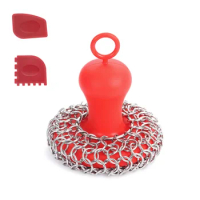 Cast Iron Chainmail Scrubber + Pan Scraper, Stainless Steel Skillet Cleaner, Scraper Tool for Cast Iron Pans Red