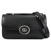 【GUCCI 古馳】Petite GG 金屬雙G LOGO壓扣翻蓋手提兩用包(黑)