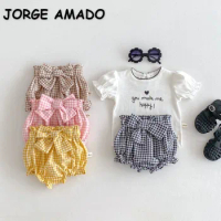 New Summer Baby Girls Shorts Checkered Plaid Big Bow Children's Flower Bud High Waist Cute Butterfly Knot Pants E22201
