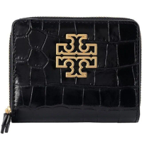 【TORY BURCH】BRITTEN黑色皮革鱷魚壓紋對折零錢袋拉鍊短夾
