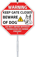 10" x 10" Beware of Dog Sign Aluminum Yard Sign with 28" Stake and Accessories Protected by Video Su