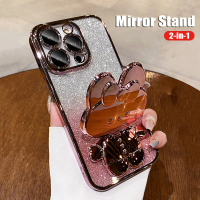 เคสโทรศัพท์, CrashStar, ชุบกลิตเตอร์, นุ่ม, พร้อมฟิล์มเลนส์, ขาตั้งกระจกการ์ตูน, เข้ากันได้กับ iPhon